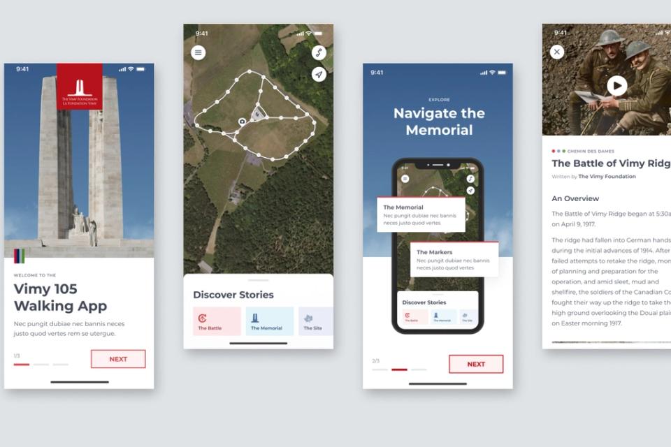 Vimy walking app screens: Vimy 105, Discover Stories, Navigate the Memorial and The Battle of Vimy Ridge