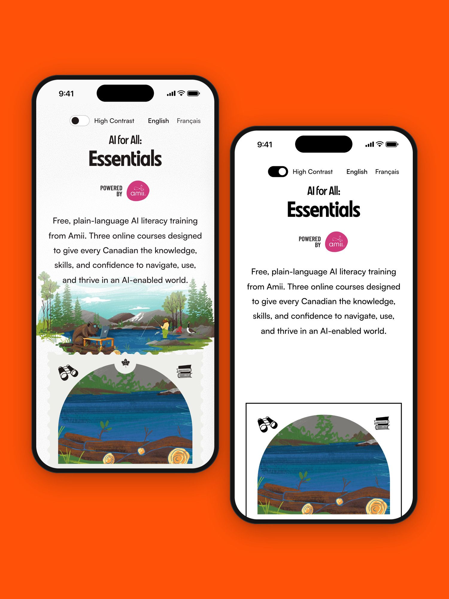 The Essentials hub on two phones, with high-contrast mode off and on