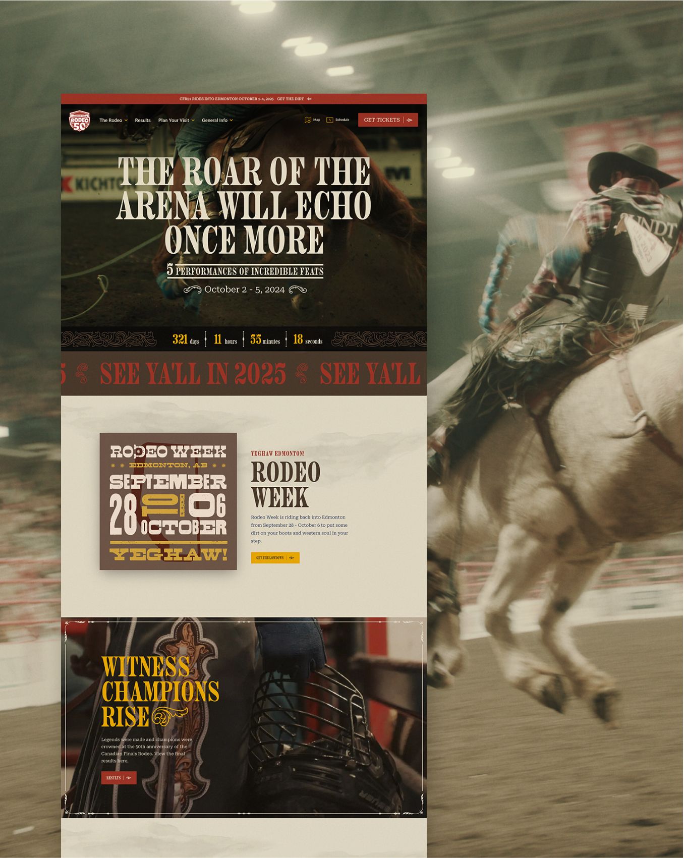 The CFR homepage, The roar of the arena will echo once more, beside a bronc rider