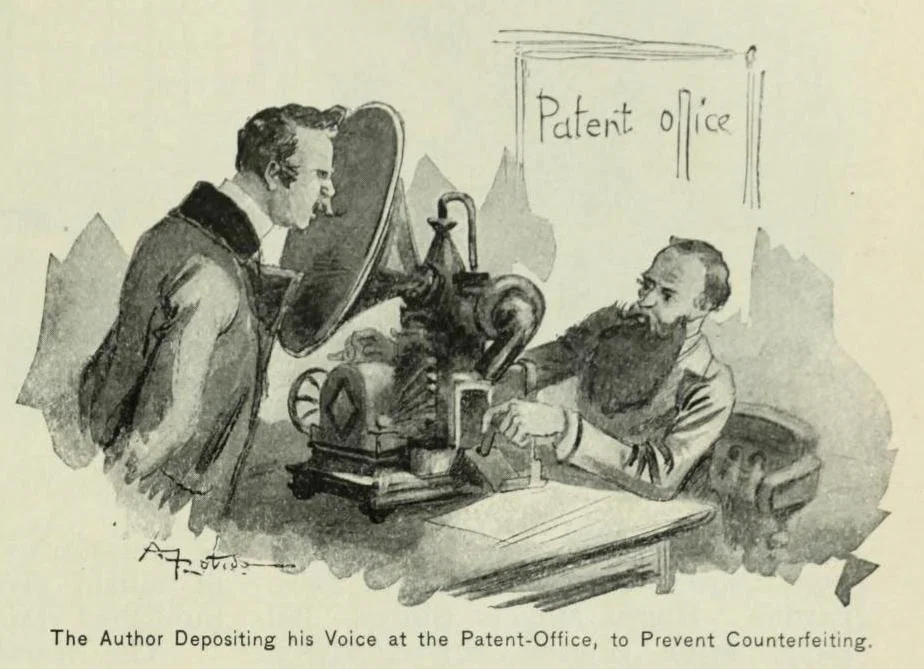 Vintage engraving captioned “The Author Depositing his Voice at the Patent-Office, to Prevent Counterfeiting”: a man speaks into a phonograph horn while a clerk works the machine