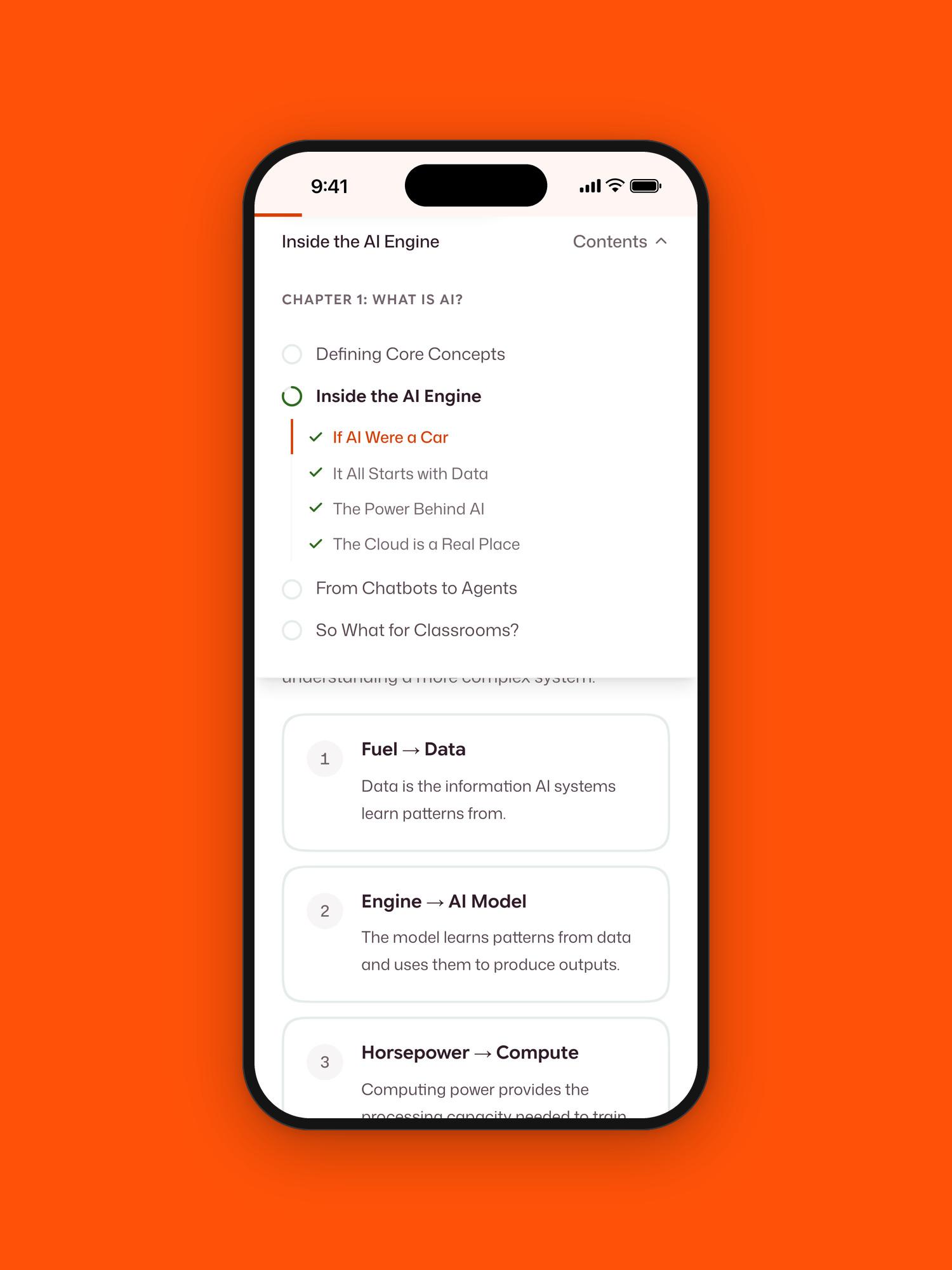 The lesson contents on a phone, each task checked off as it is read