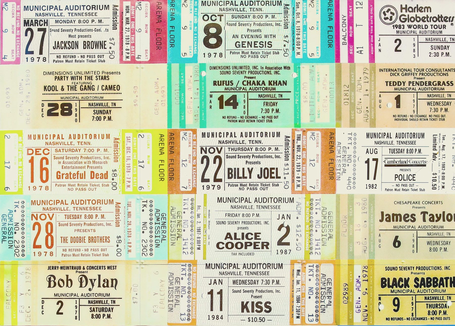 A collage of vintage concert tickets from Nashville’s Municipal Auditorium.
