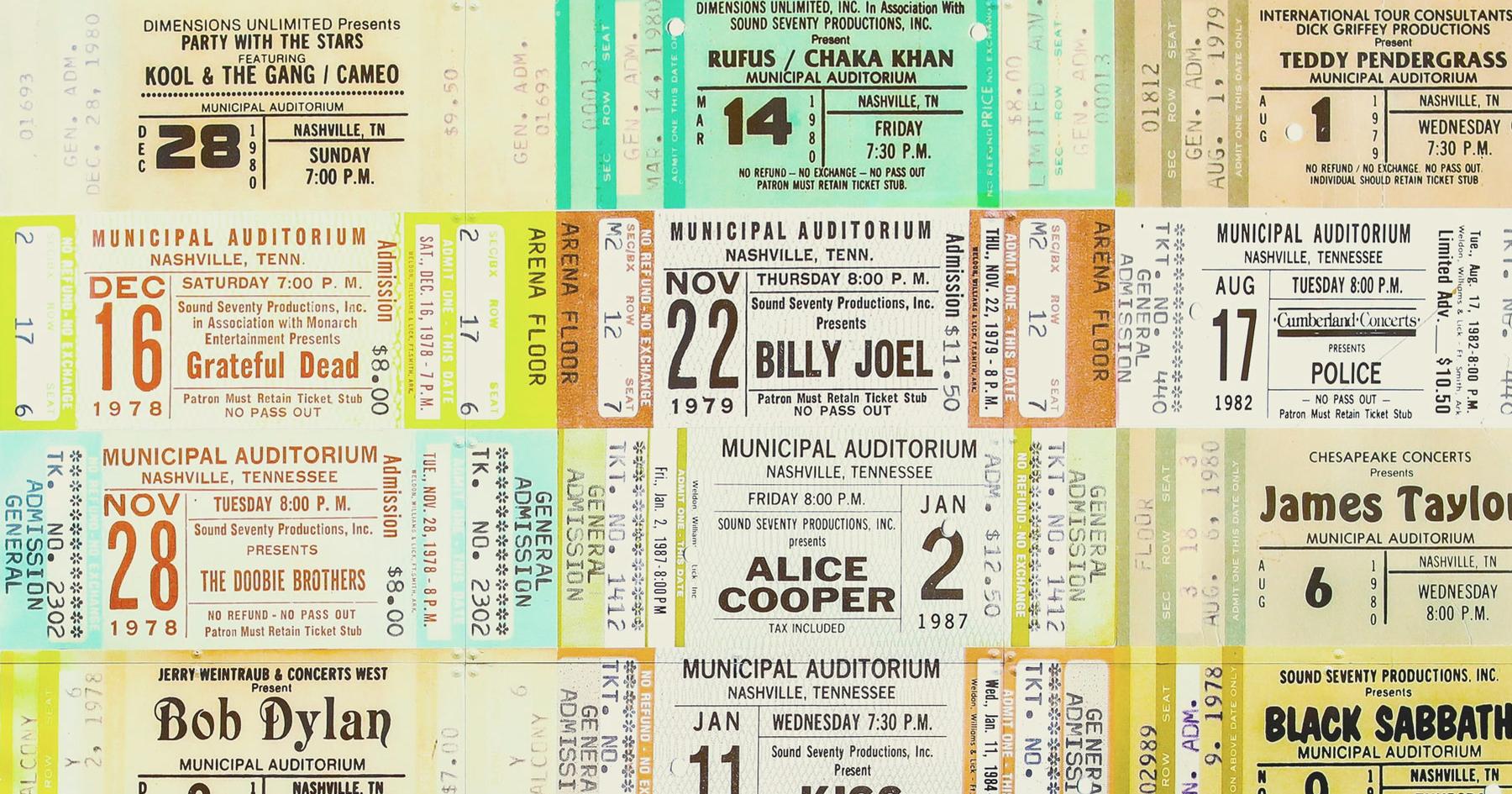 A collage of vintage concert tickets from Nashville’s Municipal Auditorium.