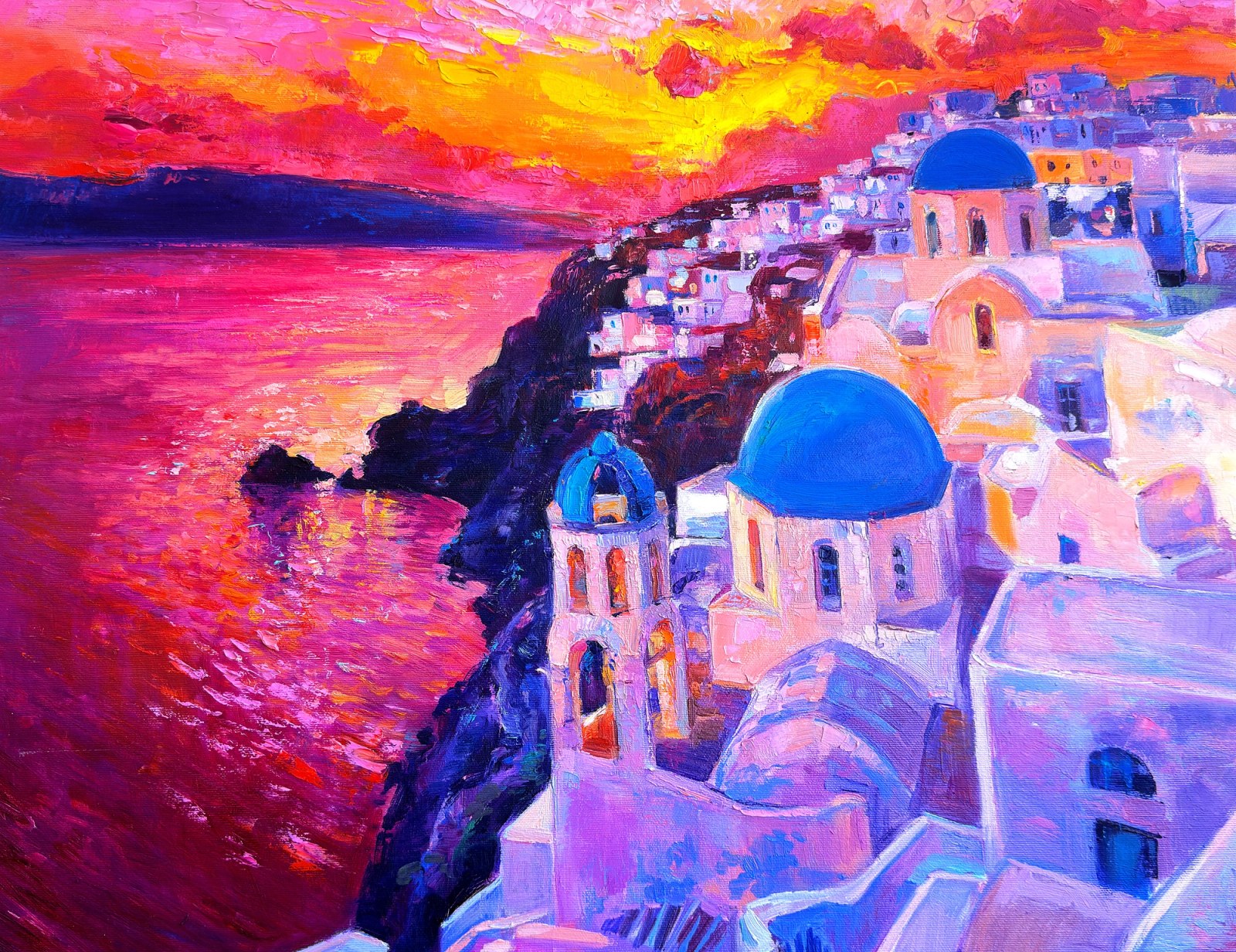 Santorini Sunset in Magenta — original oil painting by Ivailo Nikolov