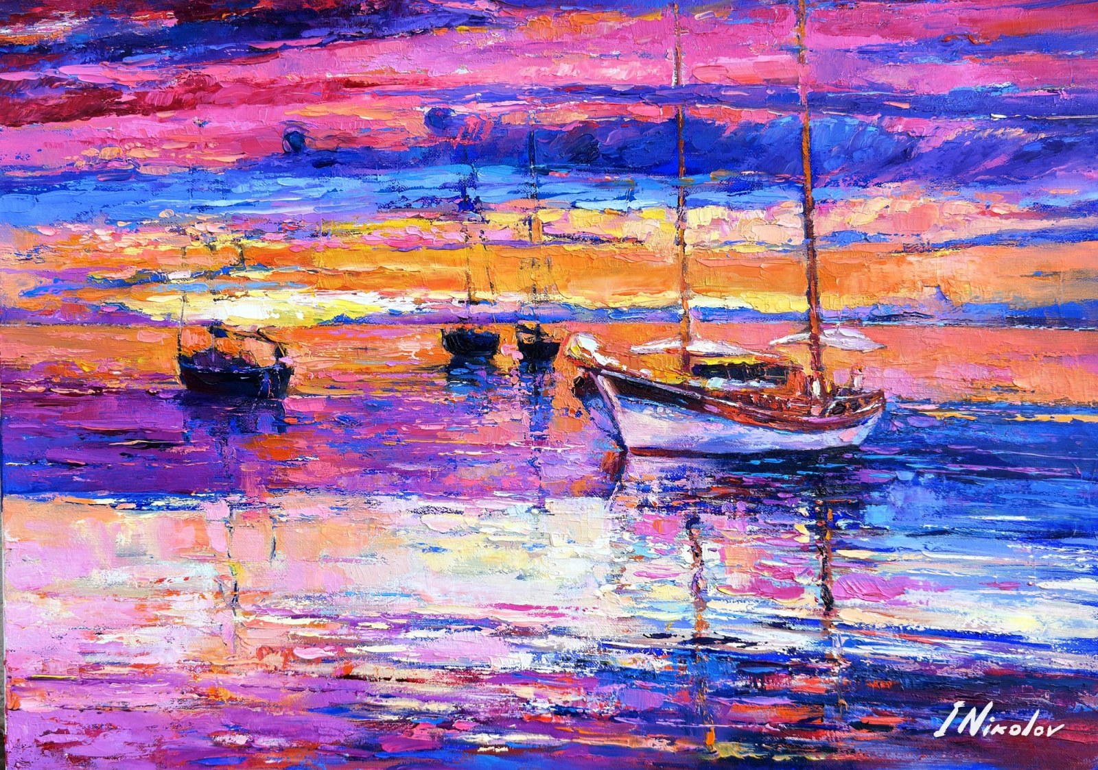 White Sailboat at a Magenta Sunset — original oil painting by Ivailo Nikolov