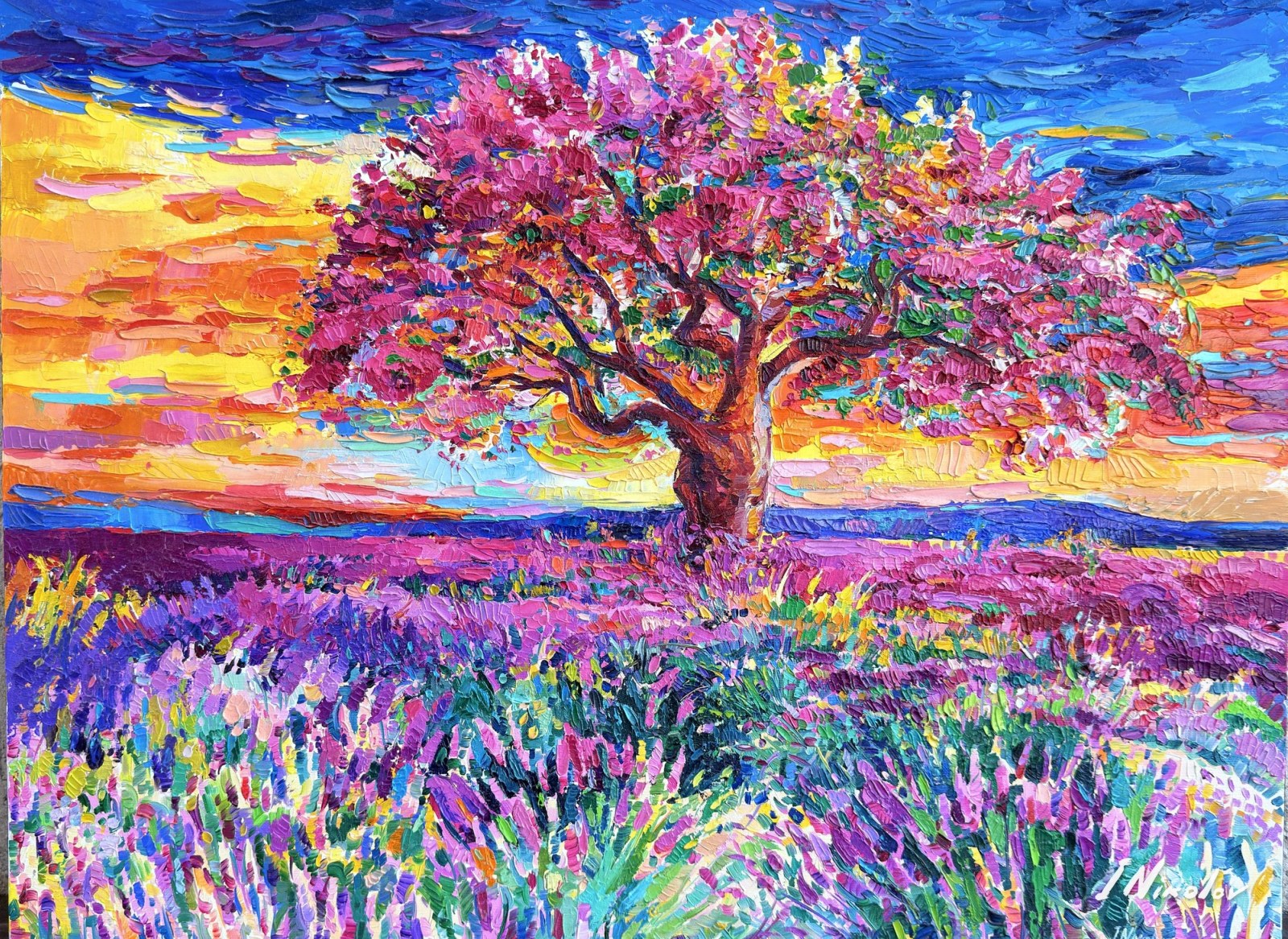 Pink Tree in a Golden Sunset — original oil painting by Ivailo Nikolov