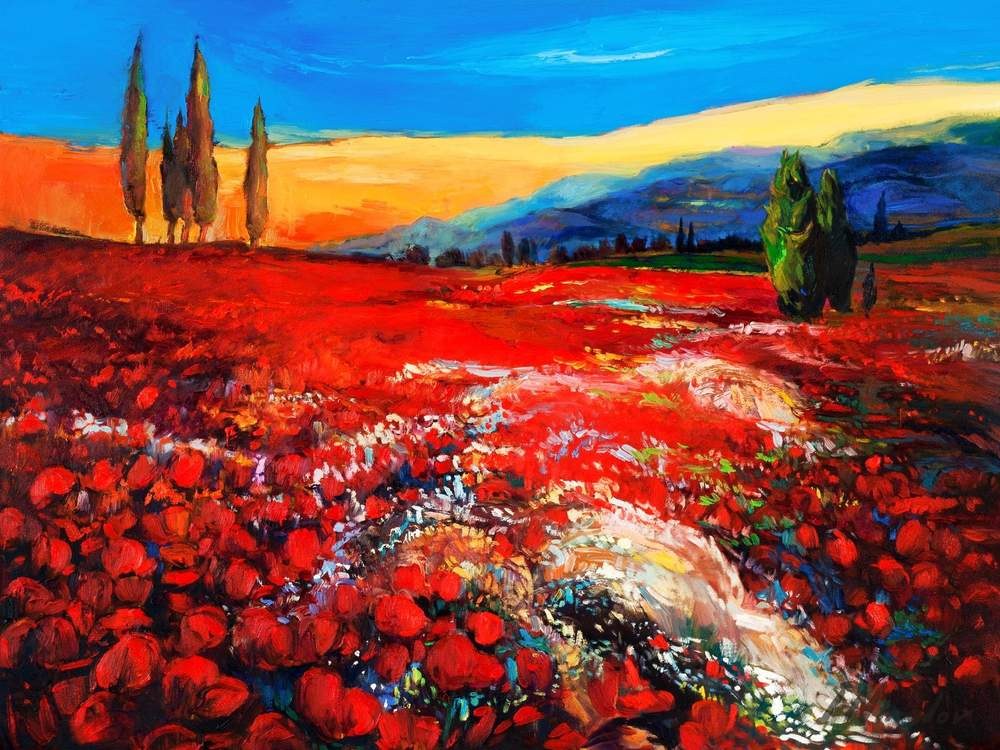 Poppies and Cypresses — original oil painting by Ivailo Nikolov