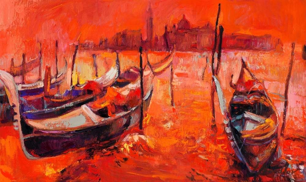 Gondolas at the Pier — original oil painting by Ivailo Nikolov