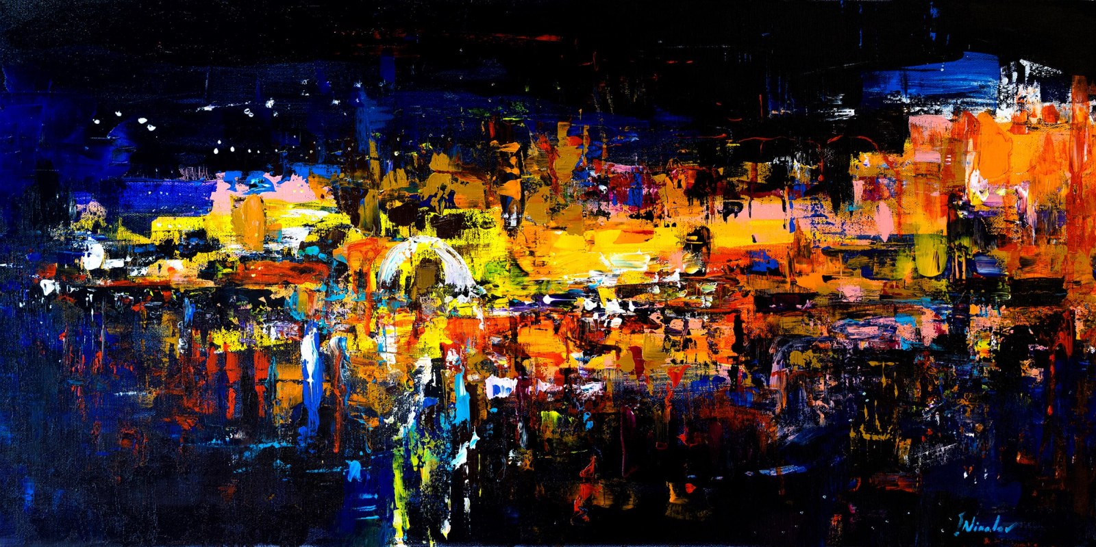 Night City in Gold and Blue — original oil painting by Ivailo Nikolov