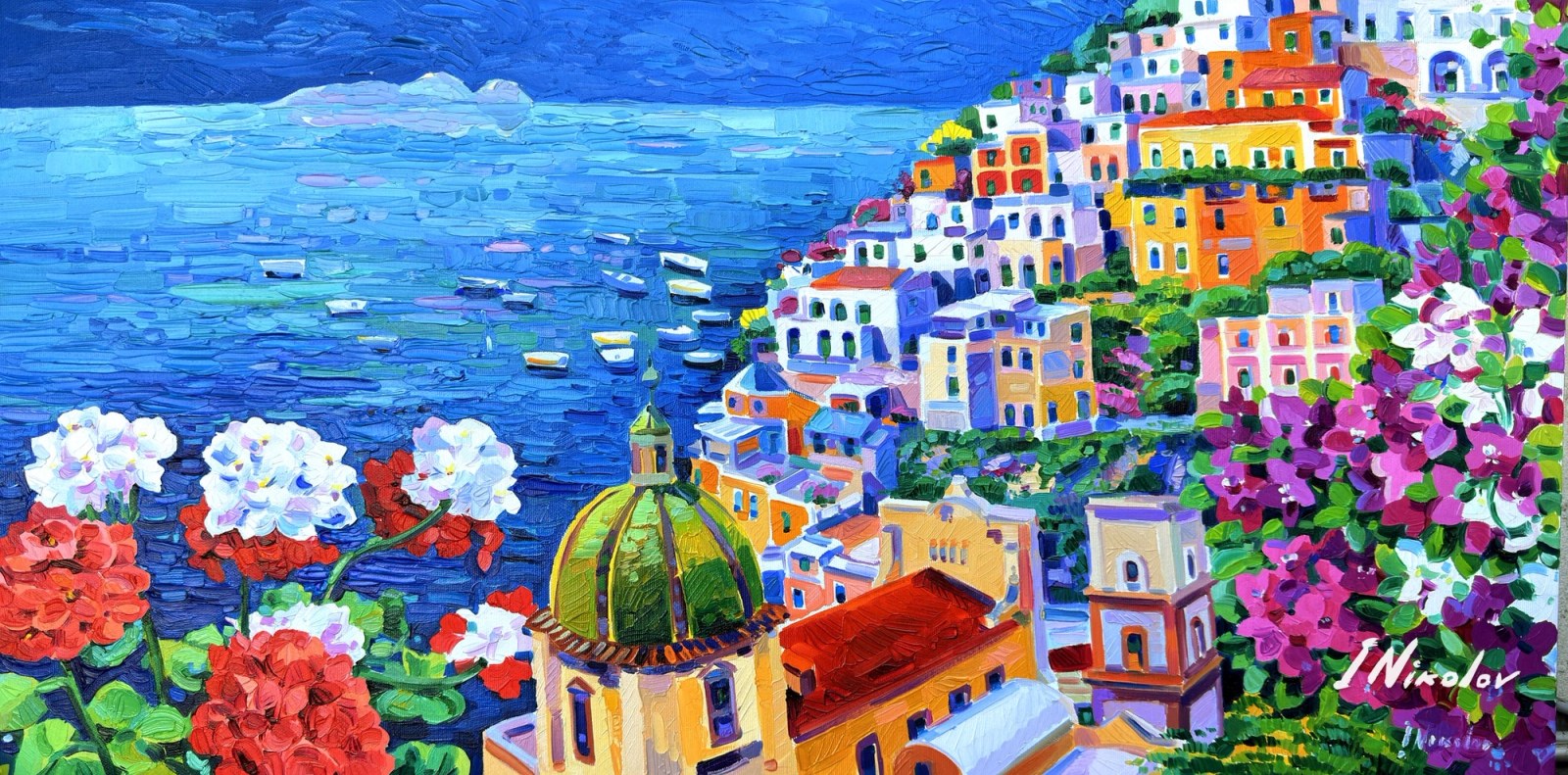 Positano with Geraniums and Bougainvillea — original oil painting by Ivailo Nikolov