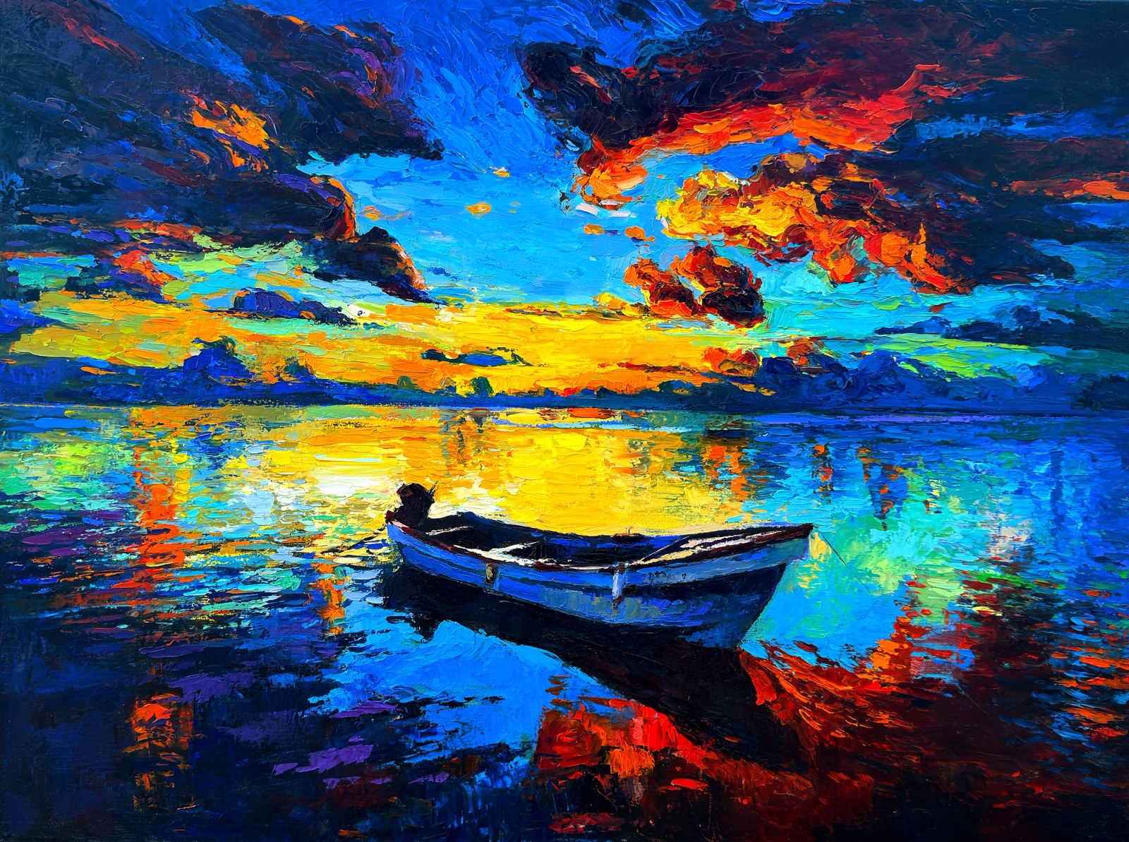 Boat Under a Fiery Evening Sky — original oil painting by Ivailo Nikolov