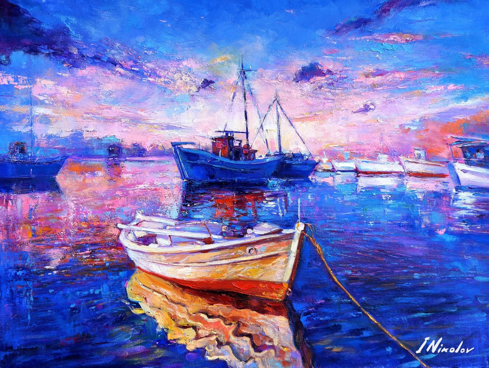 White Boat at a Violet Harbour — original oil painting by Ivailo Nikolov