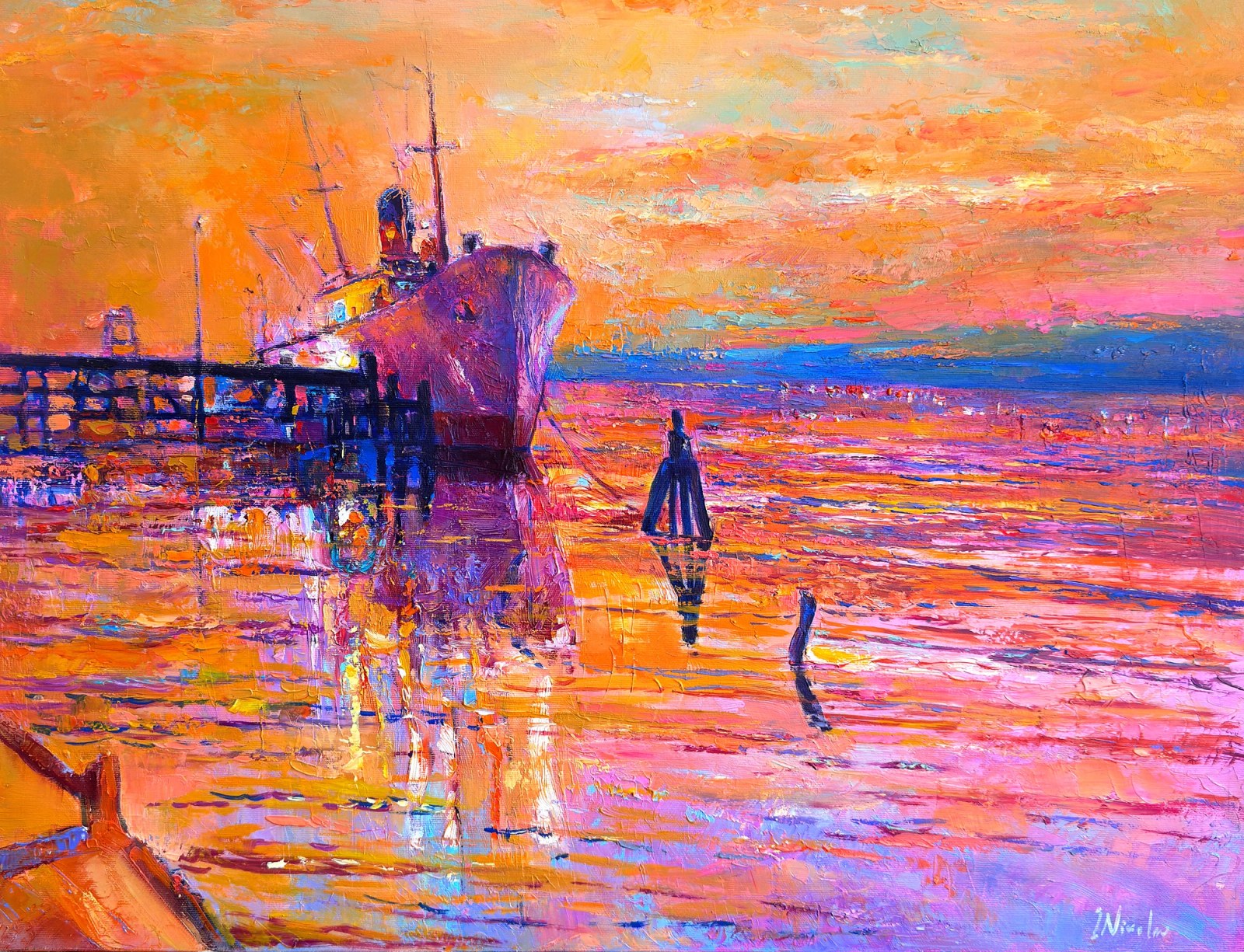 Violet Ship at the Pier — original oil painting by Ivailo Nikolov