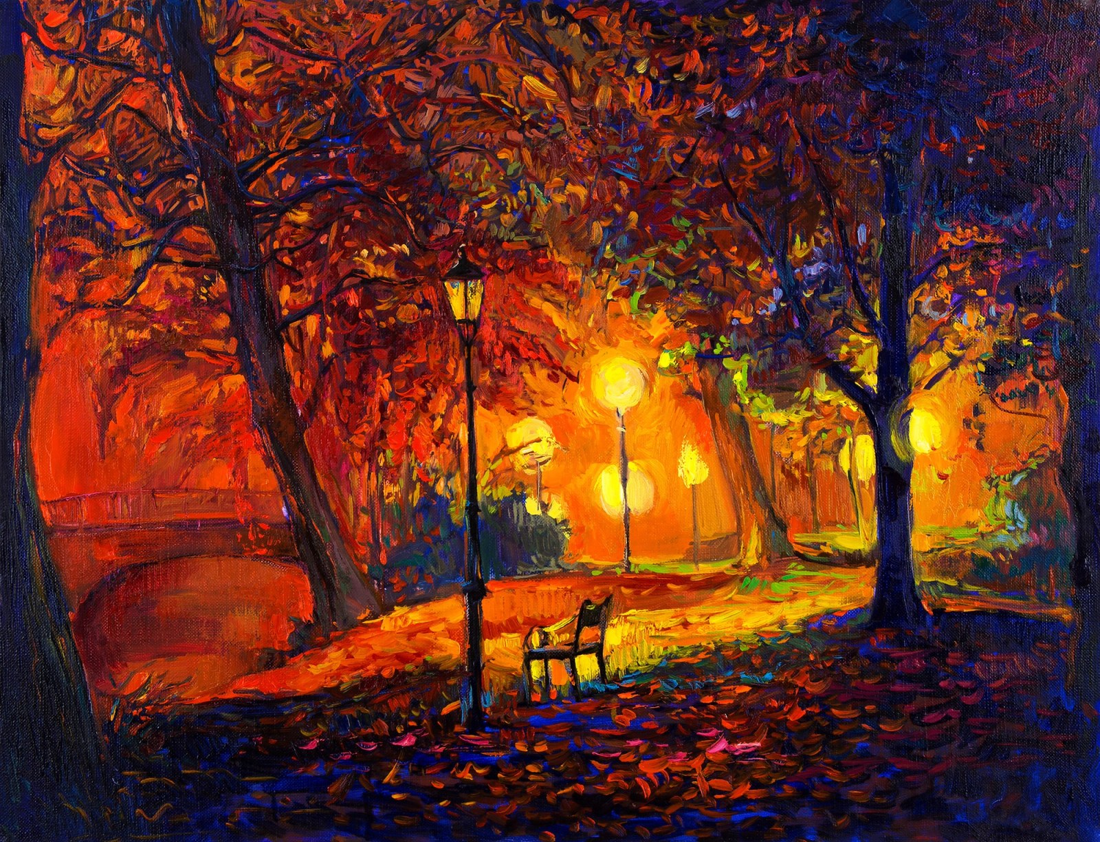 Lamplit Park in Autumn — original oil painting by Ivailo Nikolov
