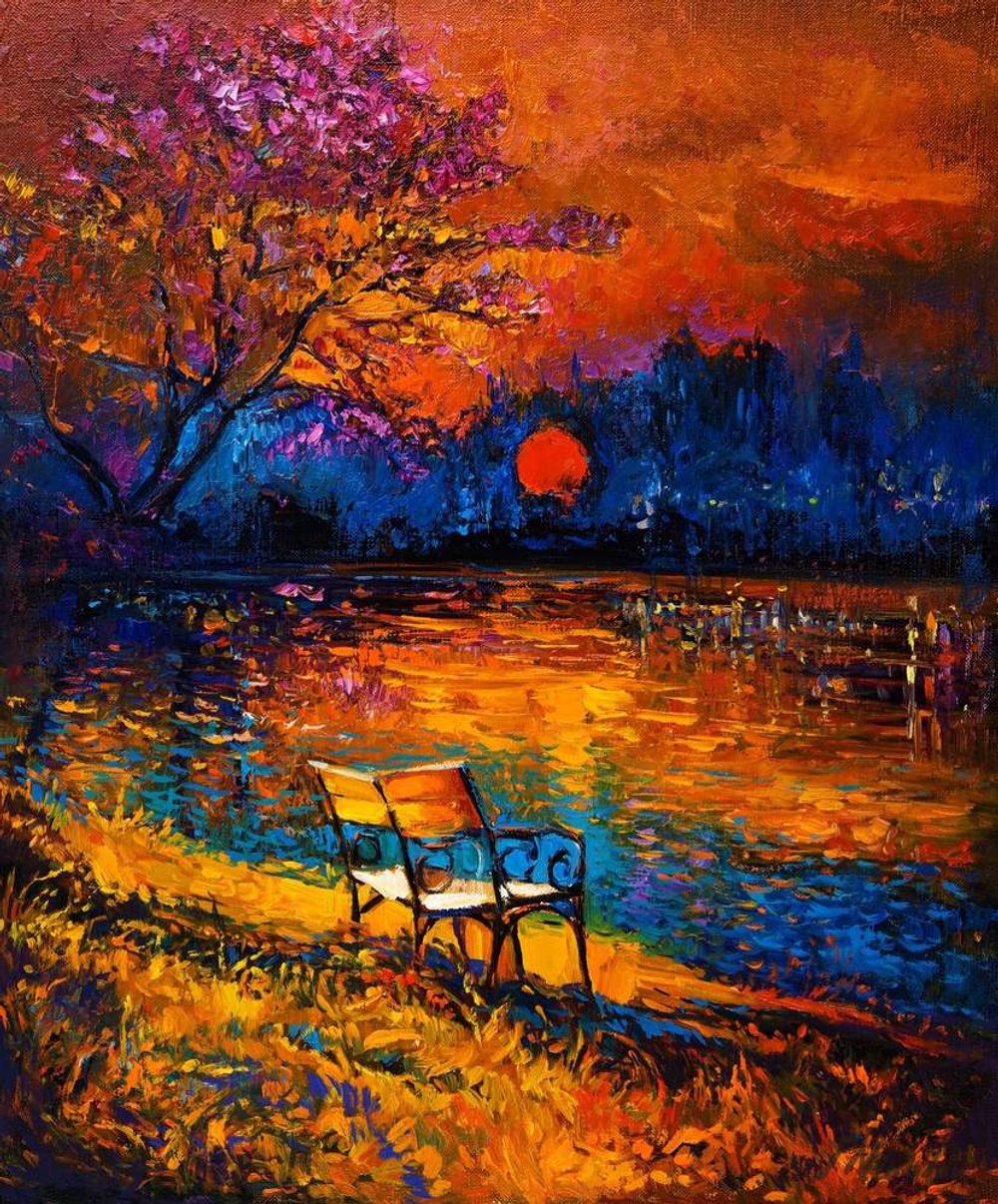 Bench by the Lake at Sunset
