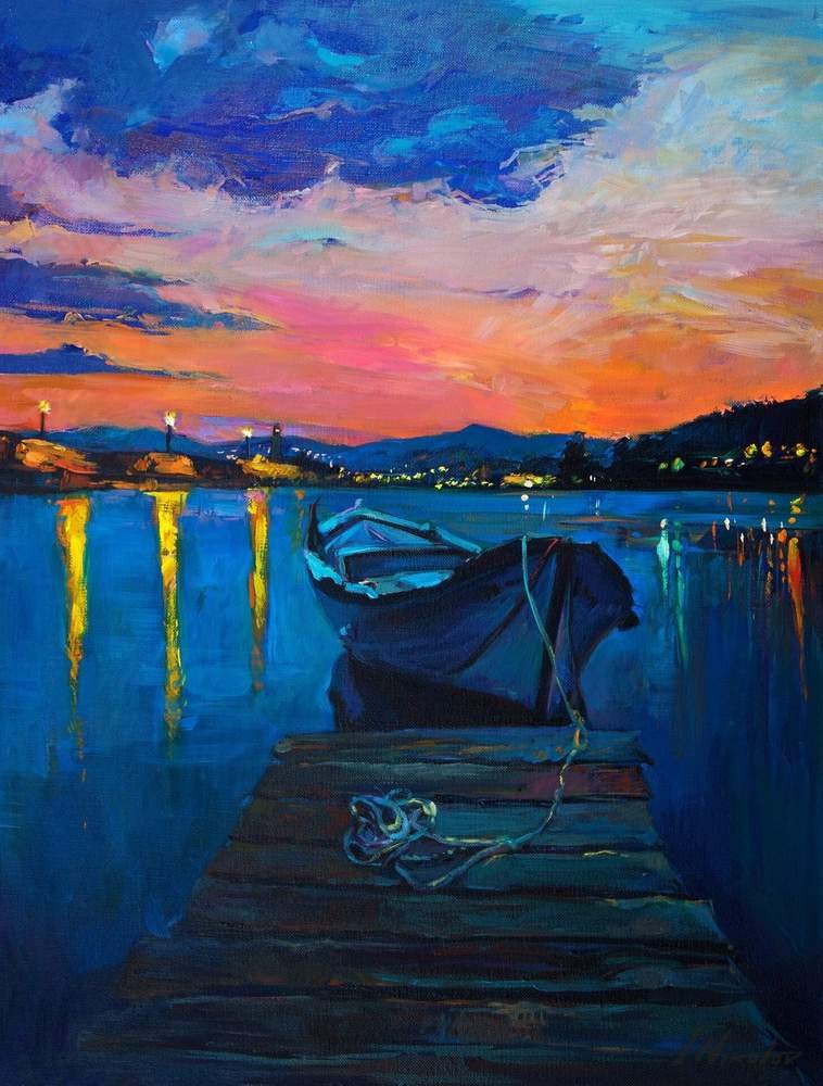 Boat at the Dock, Blue Dusk