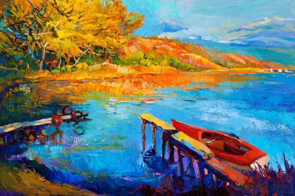 Autumn Lake with Boats — original oil painting by Ivailo Nikolov