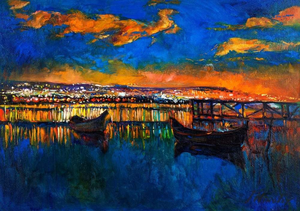 Harbor Lights at Night — original oil painting by Ivailo Nikolov
