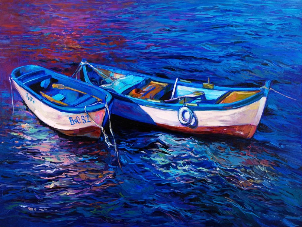 Two Boats Moored in Blue