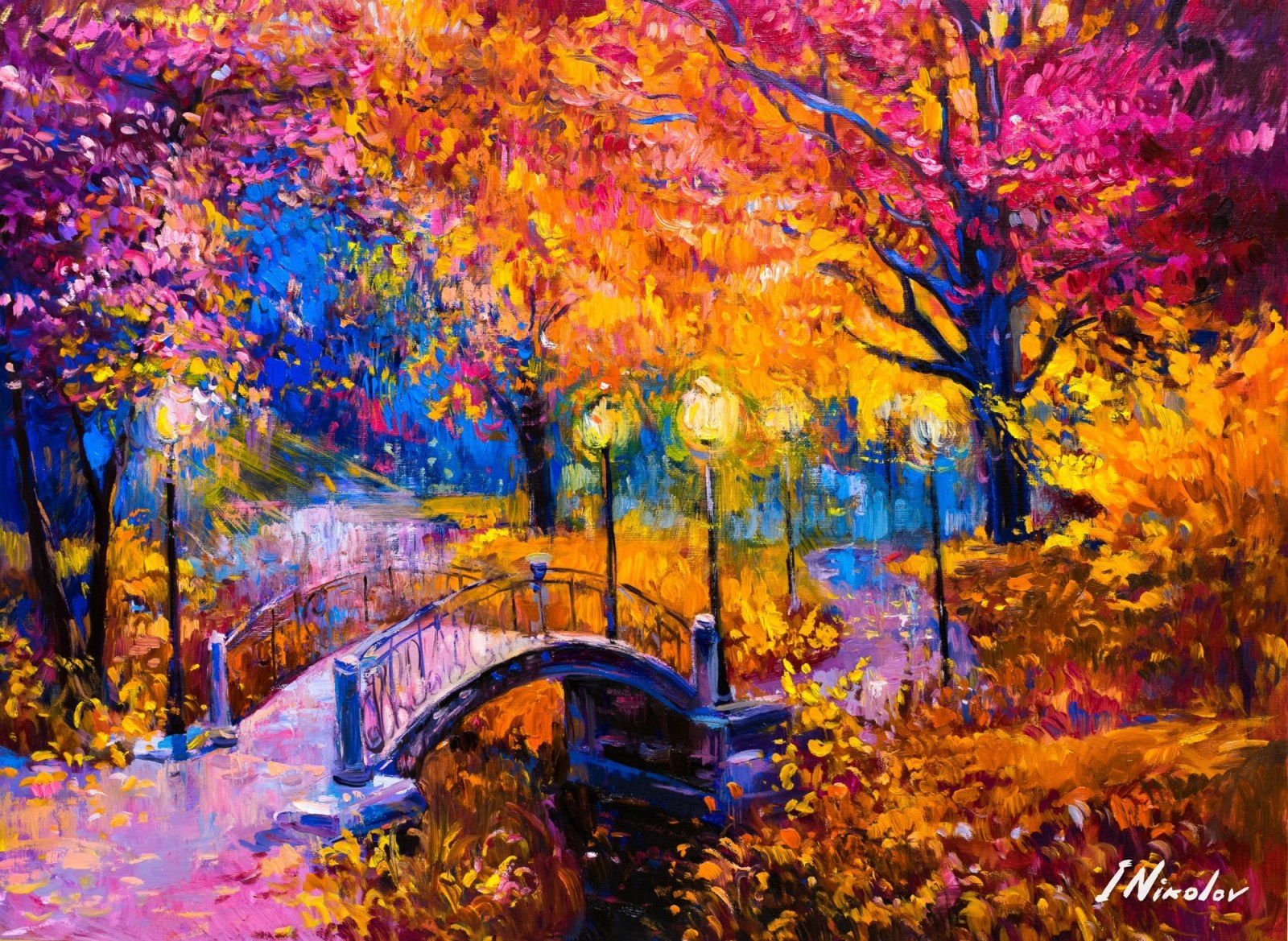 Little Bridge in the Autumn Park — original oil painting by Ivailo Nikolov