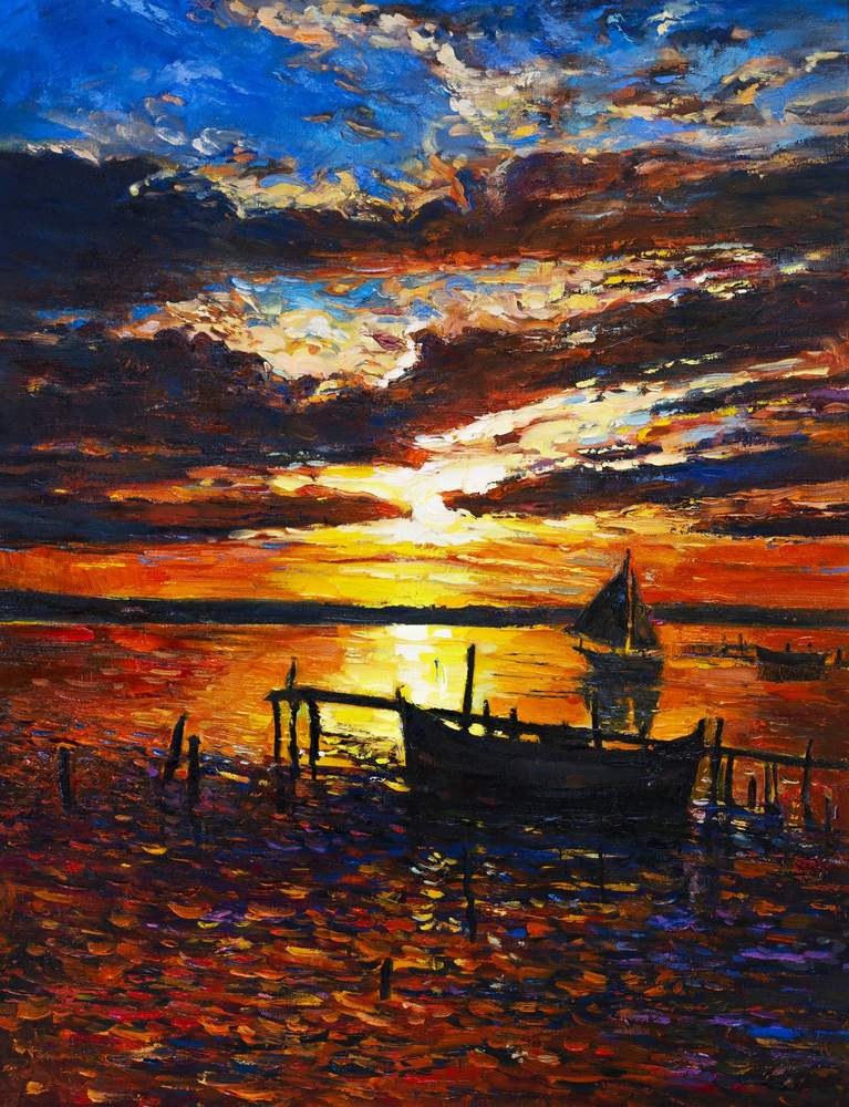 Sailboat at Sunset Dock — original oil painting by Ivailo Nikolov