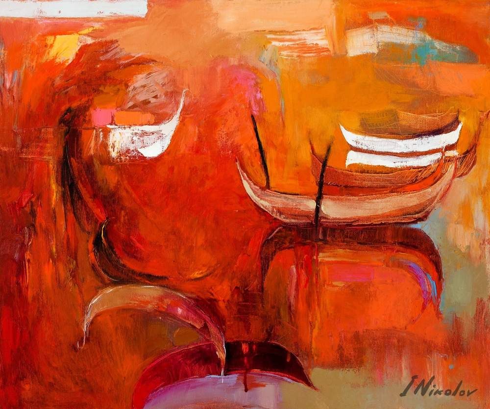 Abstract Boats on the Shore — original oil painting by Ivailo Nikolov