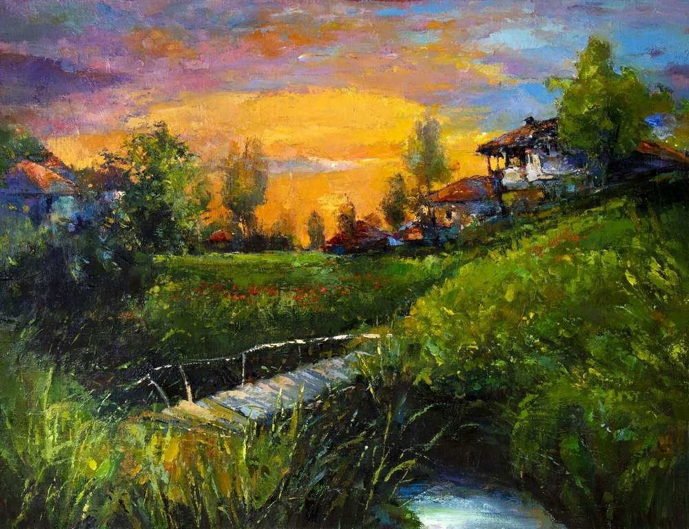 Village by the Stream — original oil painting by Ivailo Nikolov