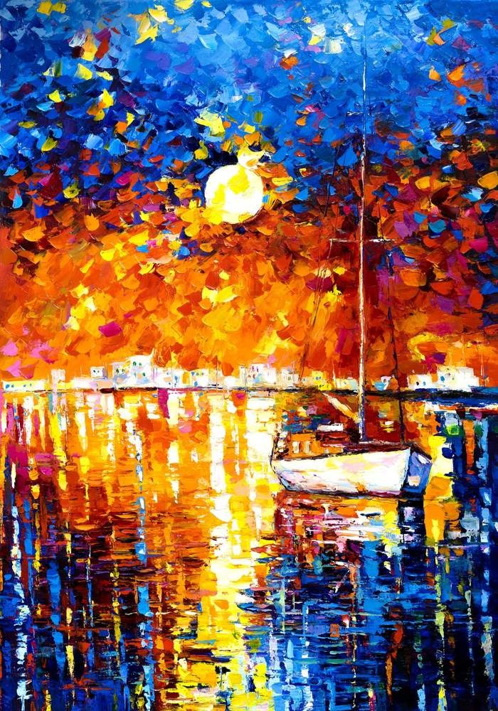 Moonrise Over the Harbor — original oil painting by Ivailo Nikolov