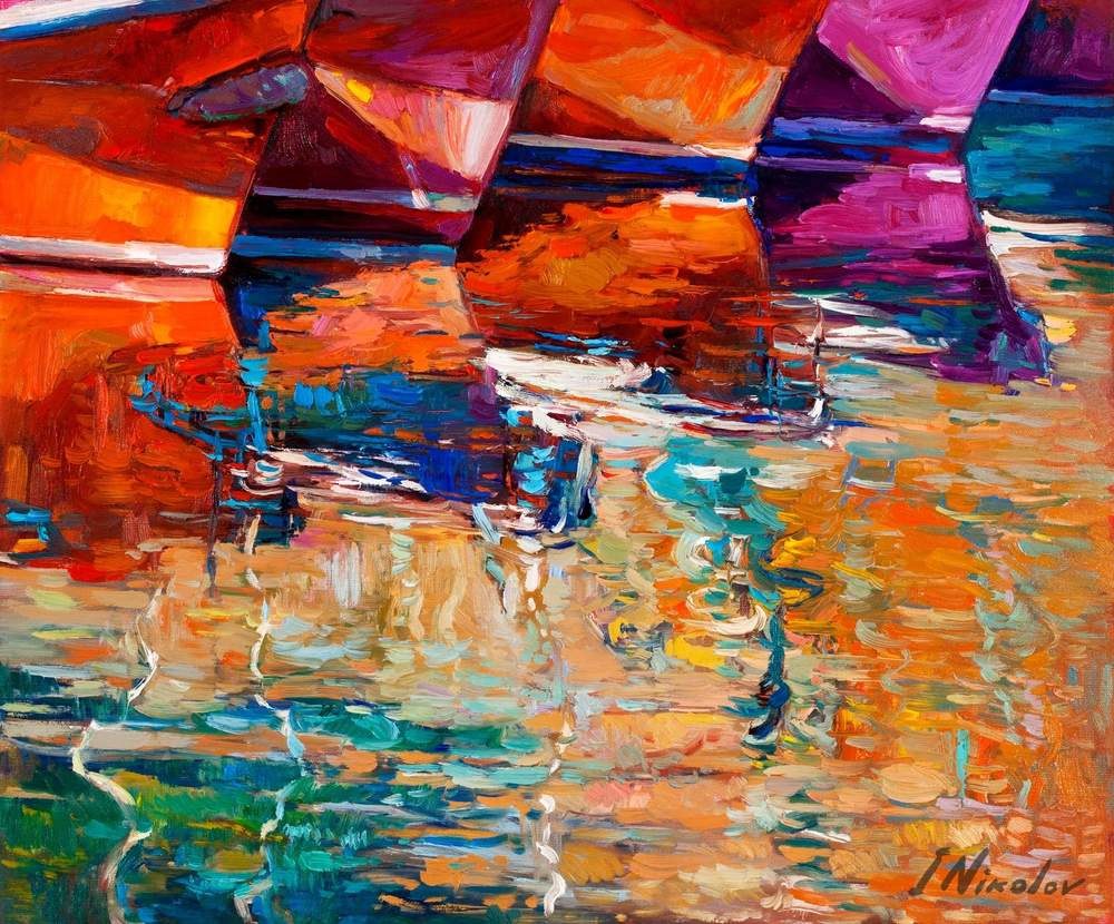 Colorful Boats in Reflections — original oil painting by Ivailo Nikolov