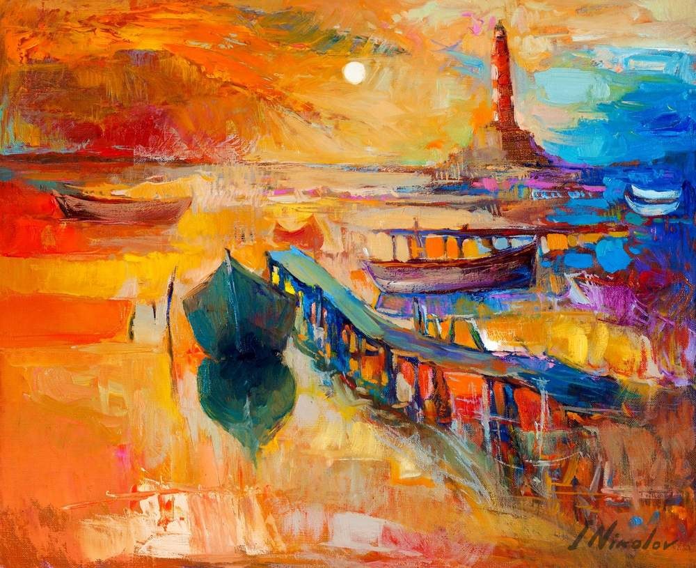Harbor with Lighthouse — original oil painting by Ivailo Nikolov