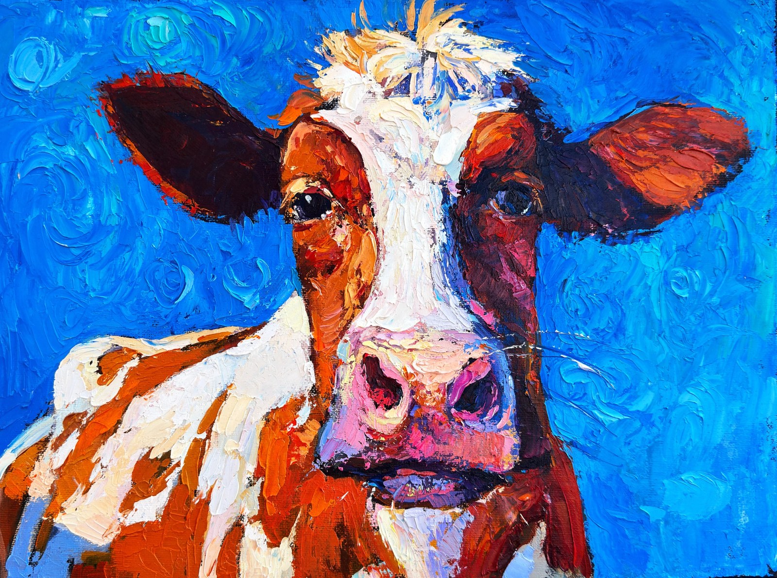 Curious Cow in Blue — original oil painting by Ivailo Nikolov