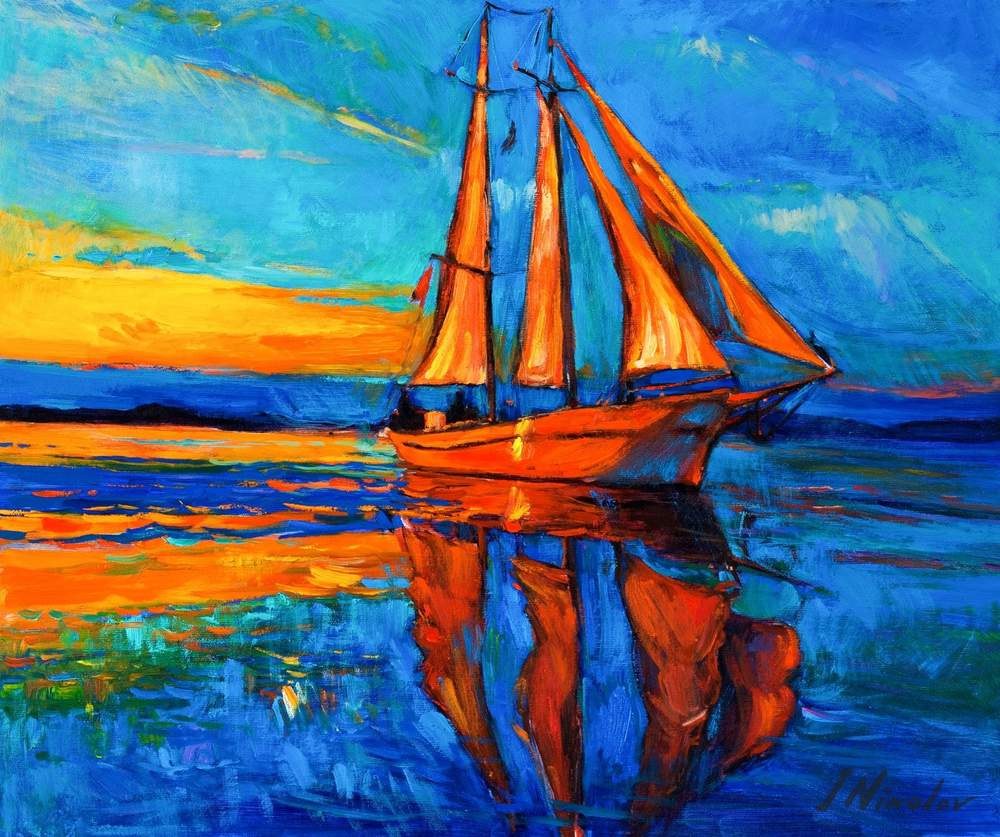 Schooner at Sunset — original oil painting by Ivailo Nikolov