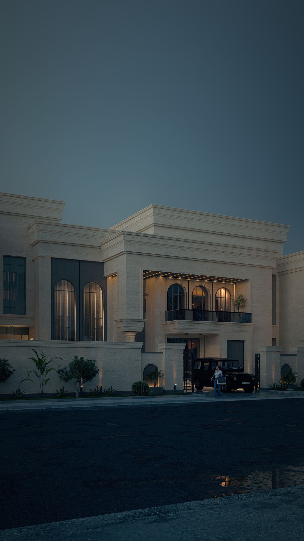 الواجهة من الزاوية مساءً