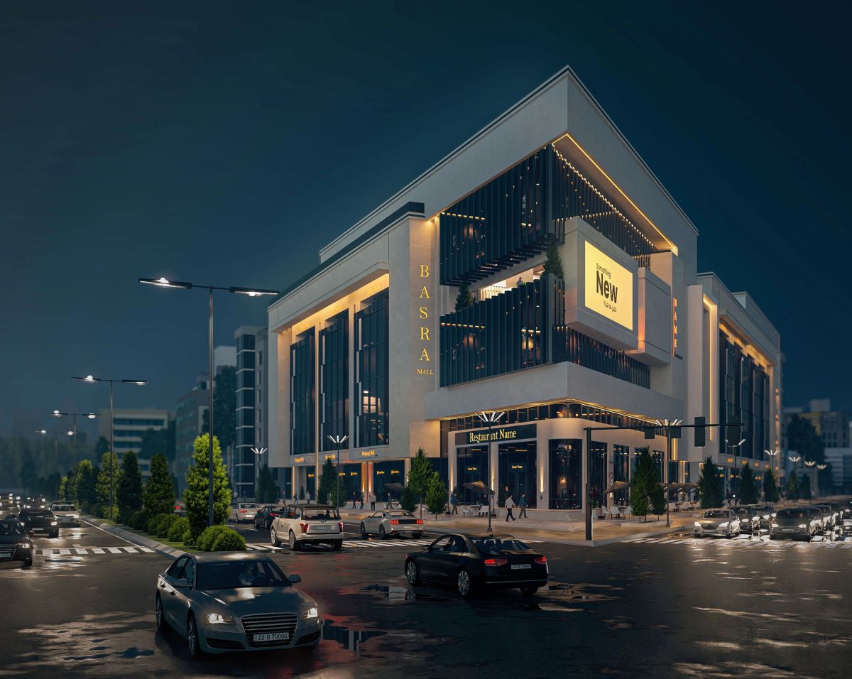 البناية ليلاً من زاوية الشارع