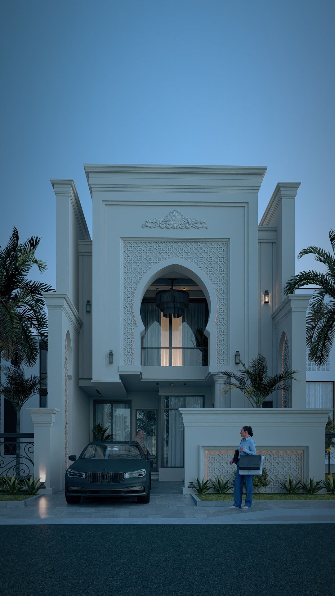 الواجهة عند الغروب بإضاءة المدخل