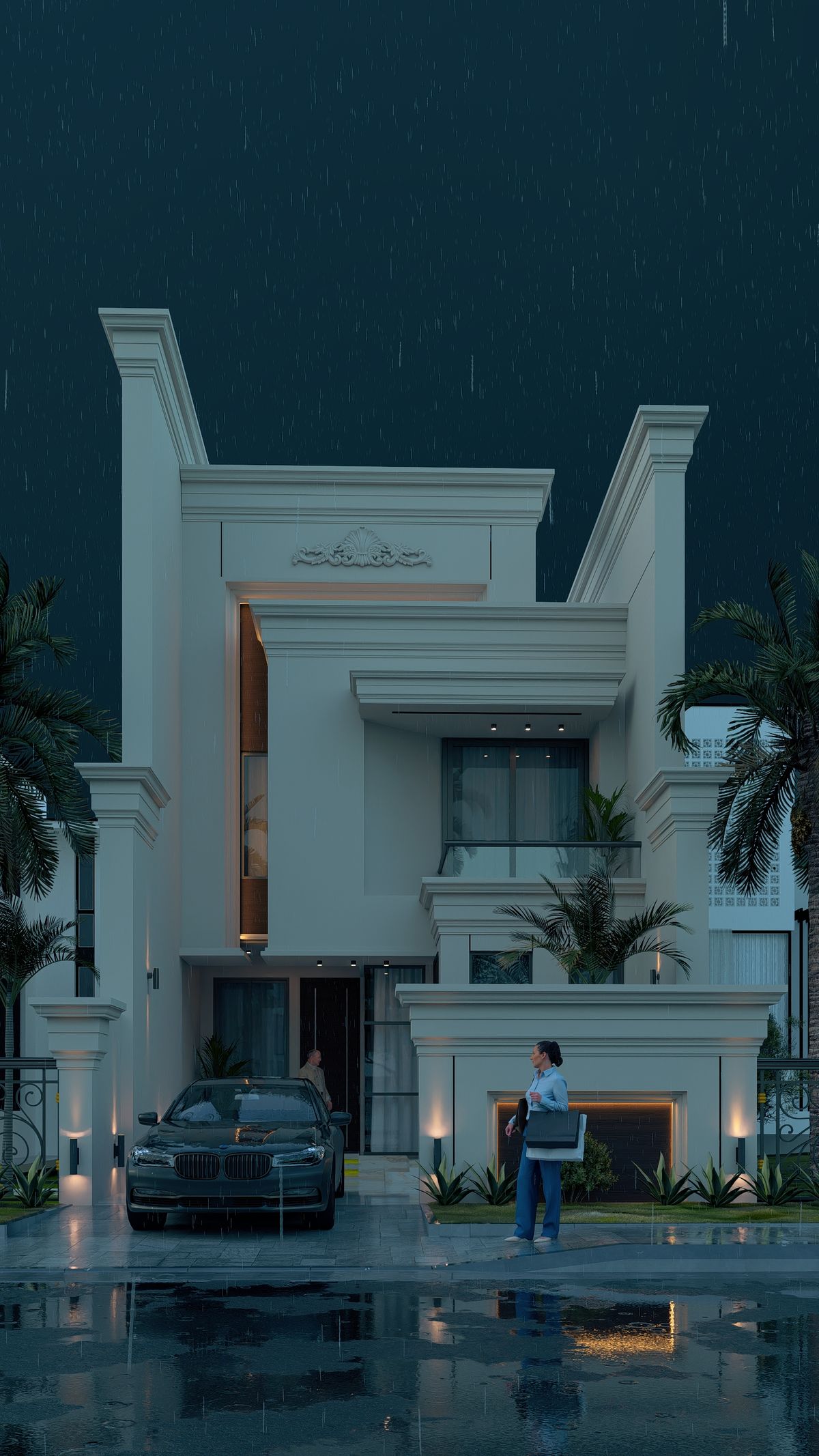 الواجهة ليلاً في المطر وانعكاسها على الأرض