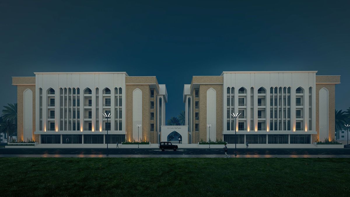 العمارتان ليلاً بالإضاءة الخارجية
