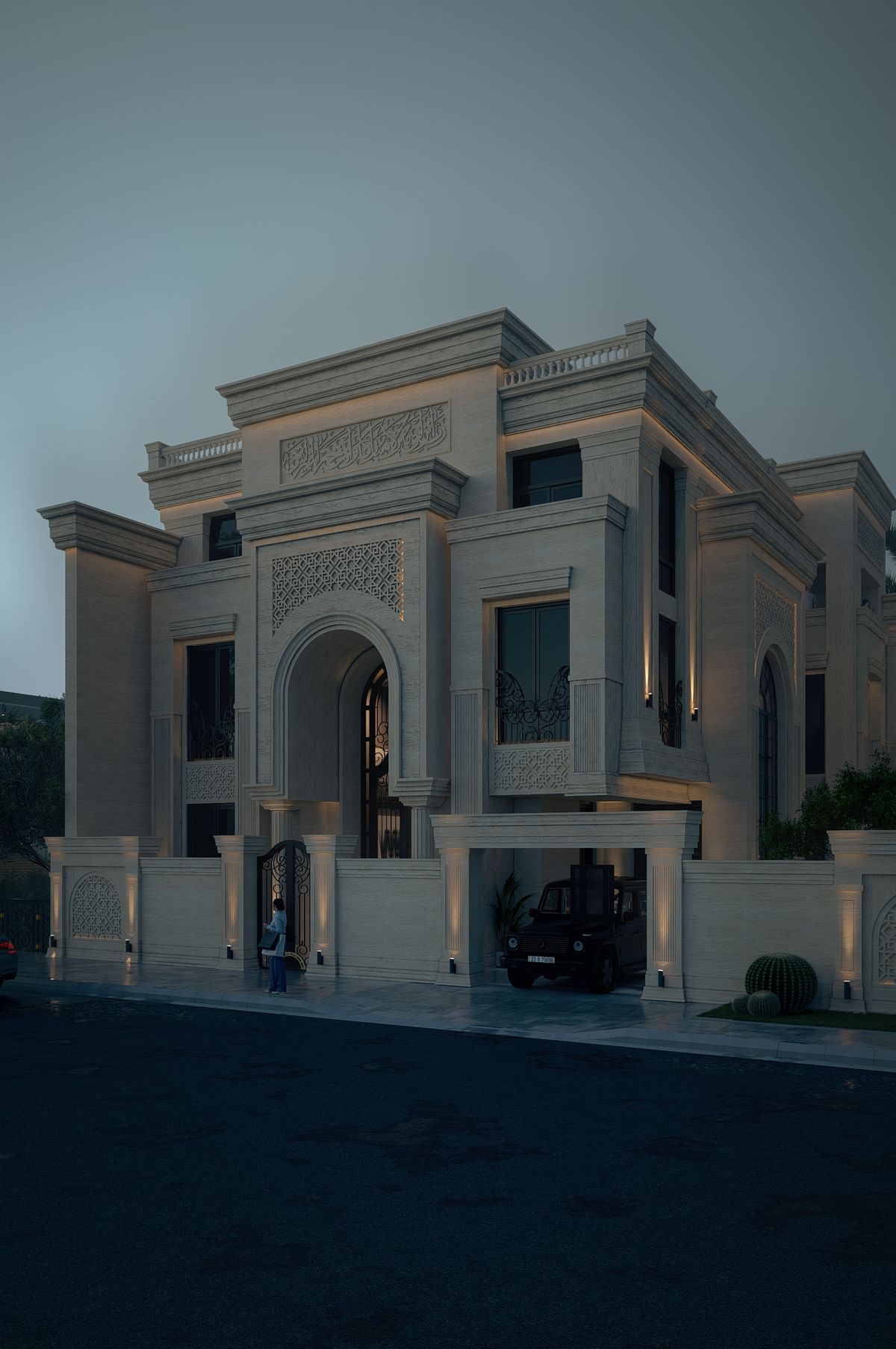 الواجهة الأمامية ليلاً بإضاءة خافتة على الحجر