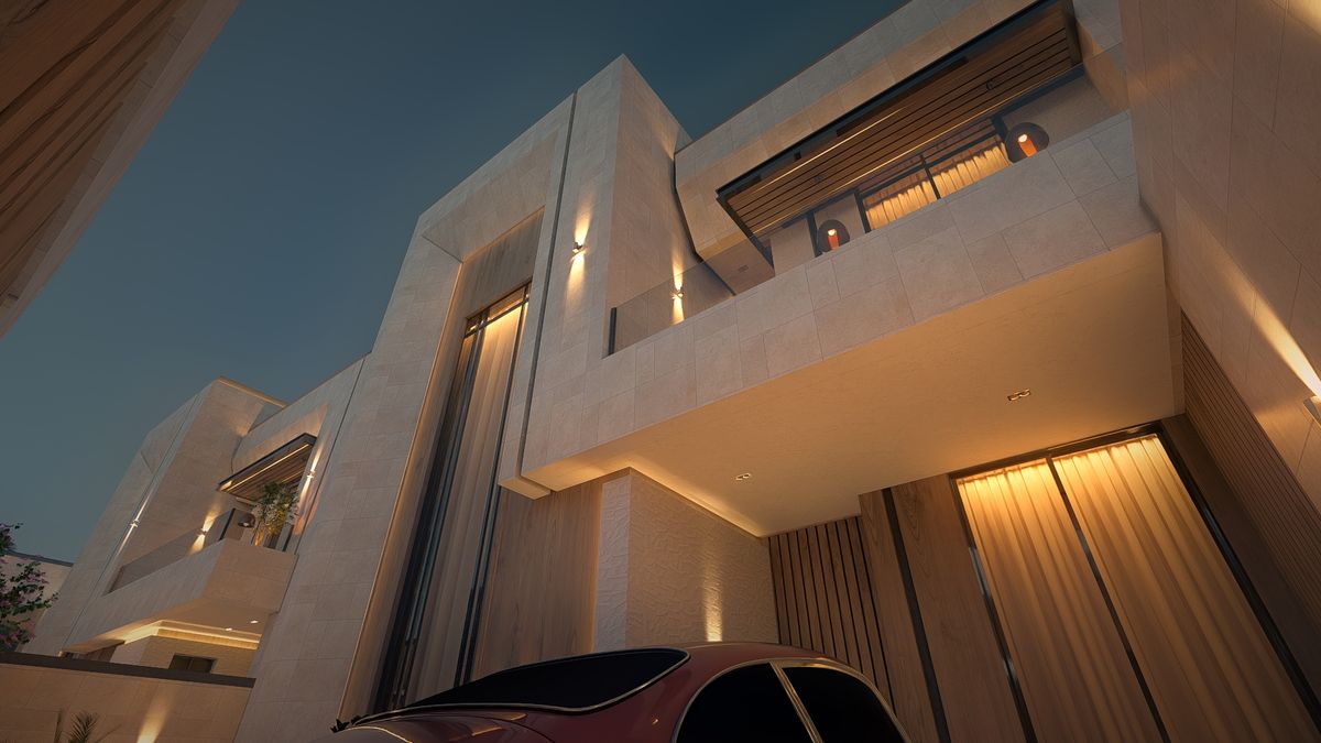 نظرة من الأسفل إلى الطابق الأول والسيارة عند المدخل