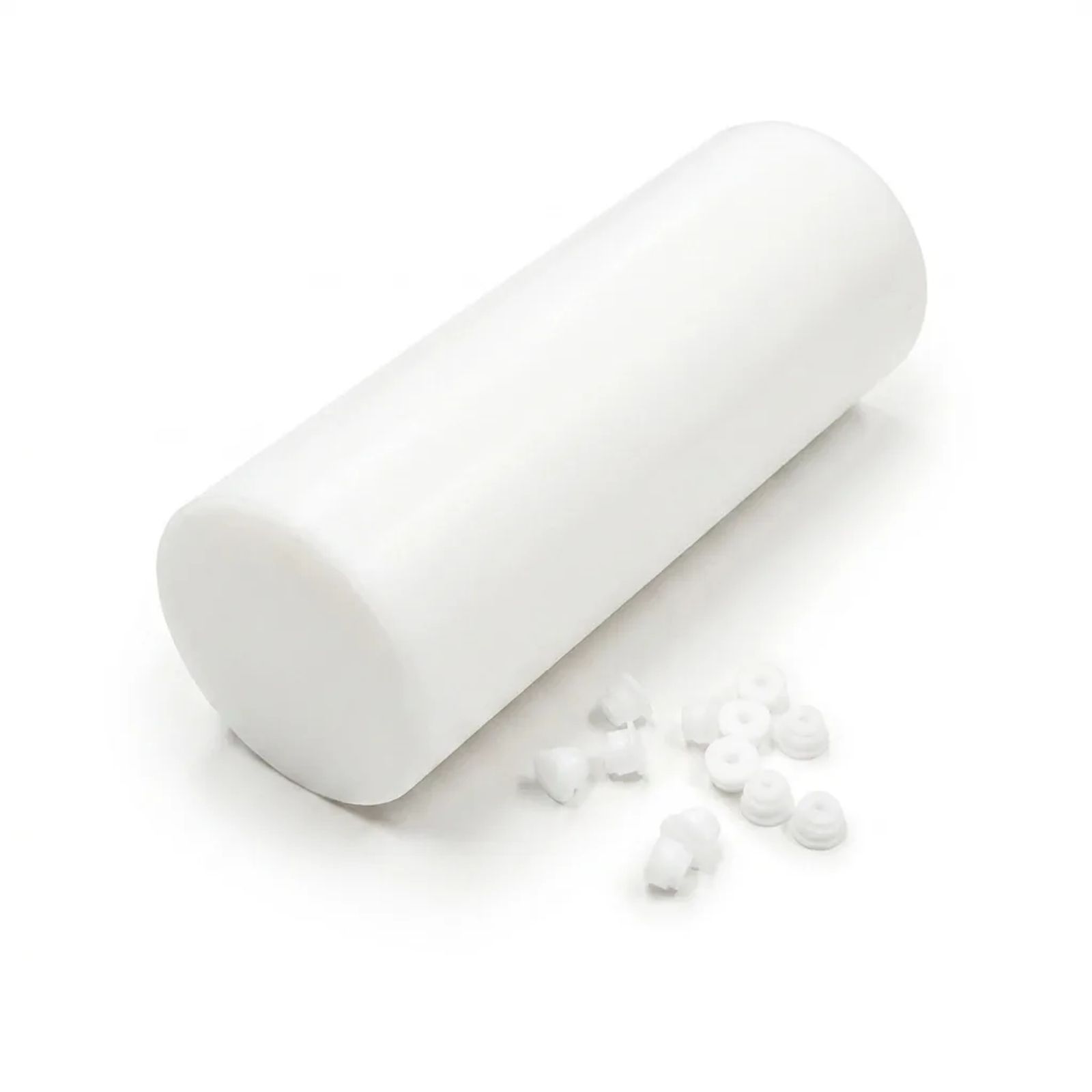 White silicone rod billet with small molded grommet seals on a white background from Cannon Gasket.
