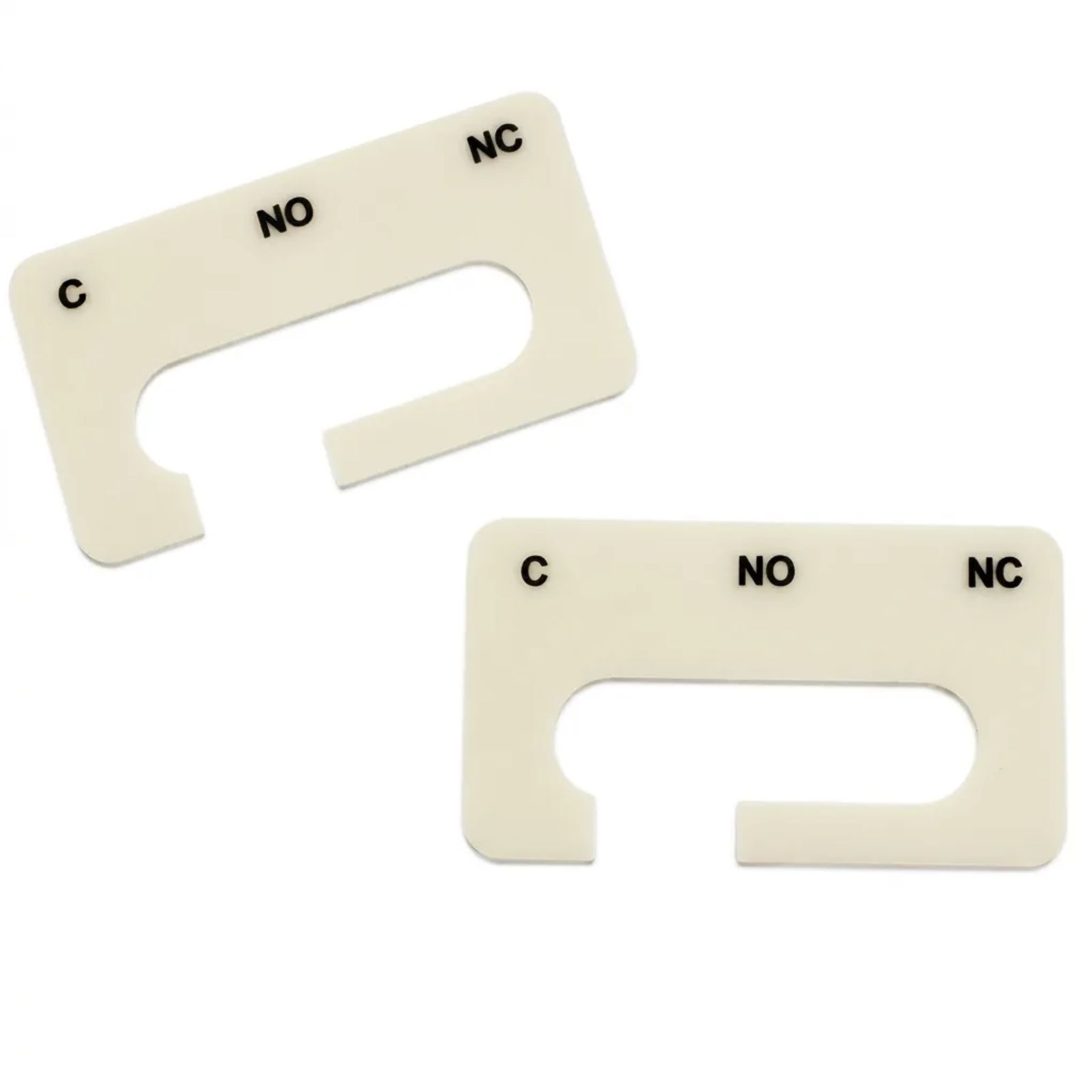 Two cream die-cut gaskets pad-printed with C, NO and NC identification markings on a white background.