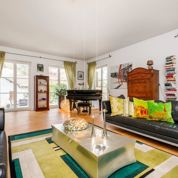 Living room sofa coffee table windows