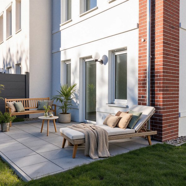 Terrasse Gartenliege Sitzbank Beistelltisch Rasenfläche