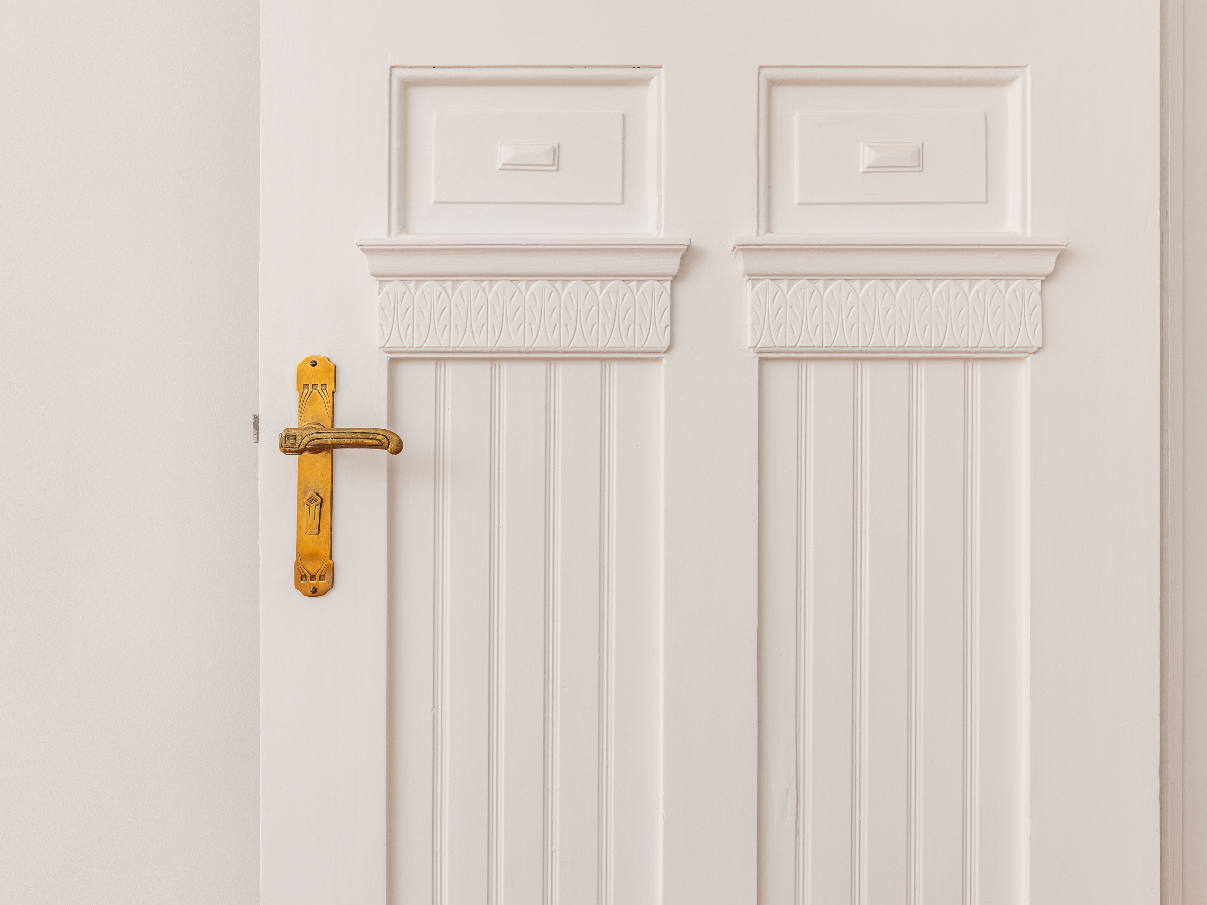 Altbautypische Türen mit kunstvollen Beschlägen 