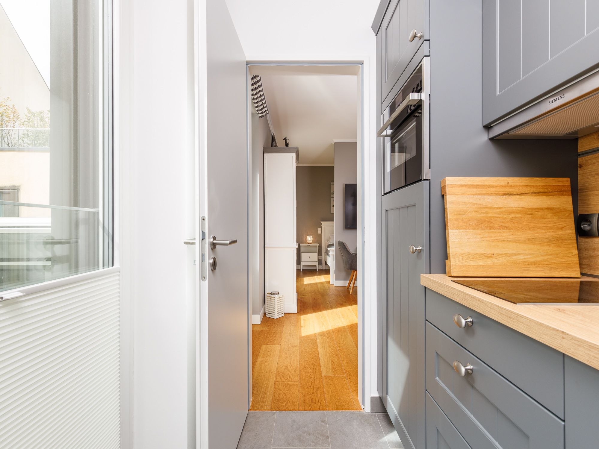 View from the kitchen into the dining area 