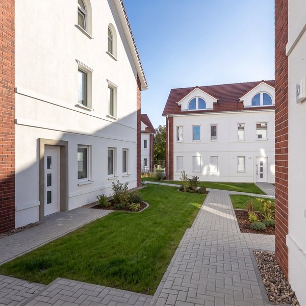 Wohnquartier Häuser Klinkerfassade Grünanlage Gehwege