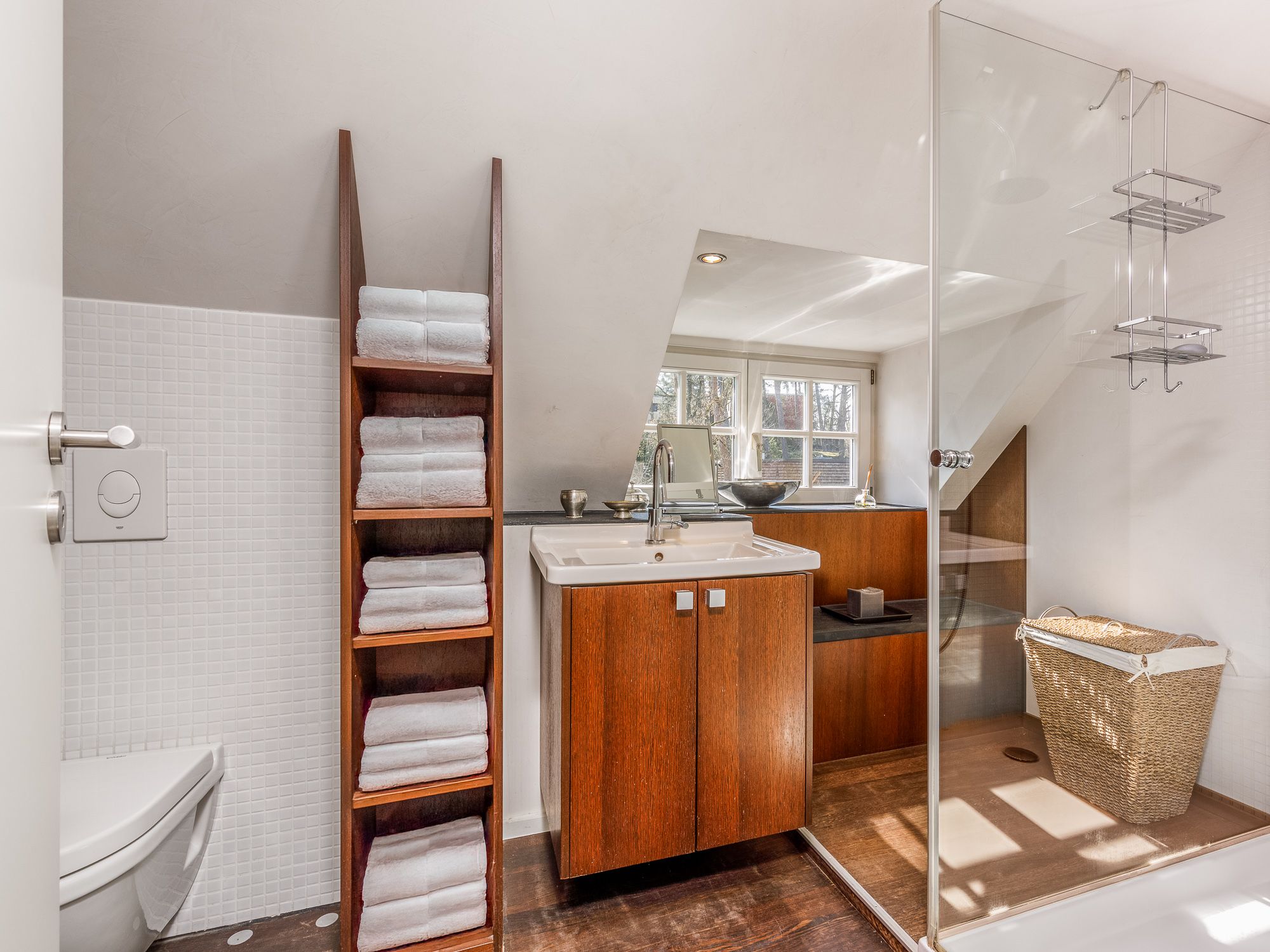 Daylit bathroom with walk-in rain shower