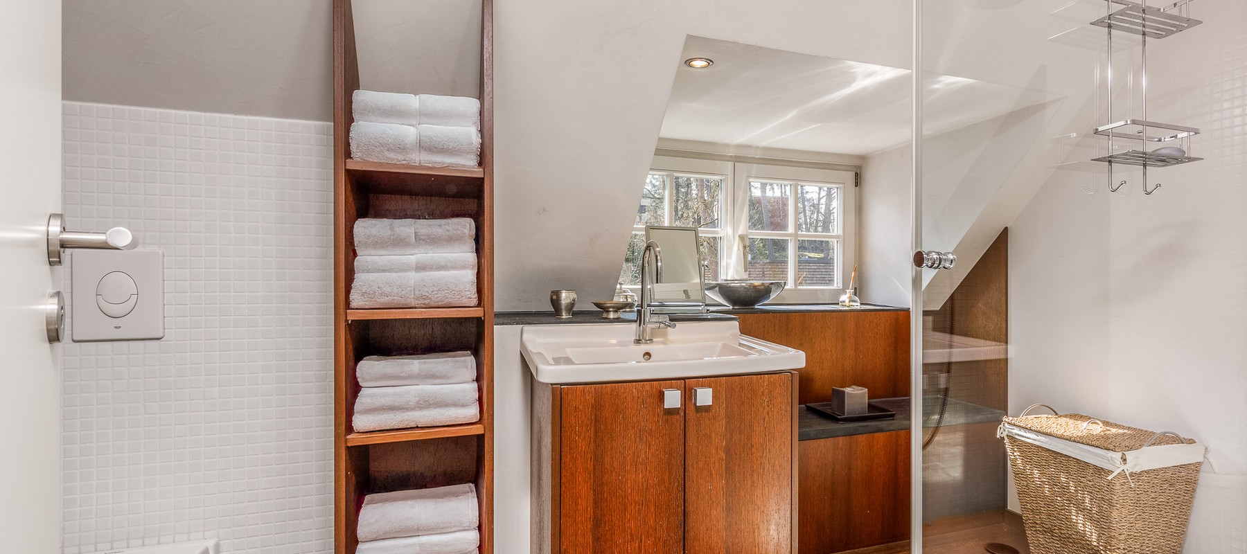 Daylit bathroom with walk-in rain shower Daylit bathroom with walk-in rain shower