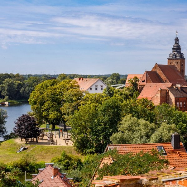 Town view river church old town