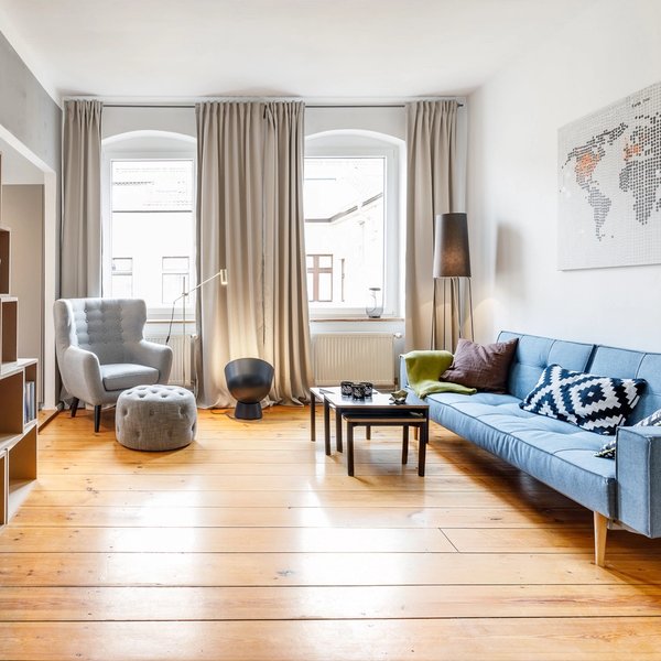 Period living room furnished hardwood flooring